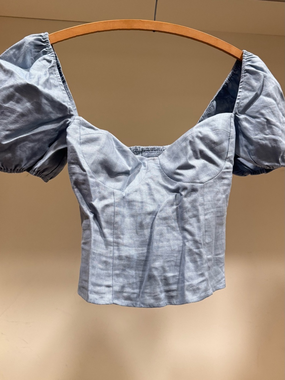 Reformation Sky-Blue Puff Sleeve Sweetheart Crop Top